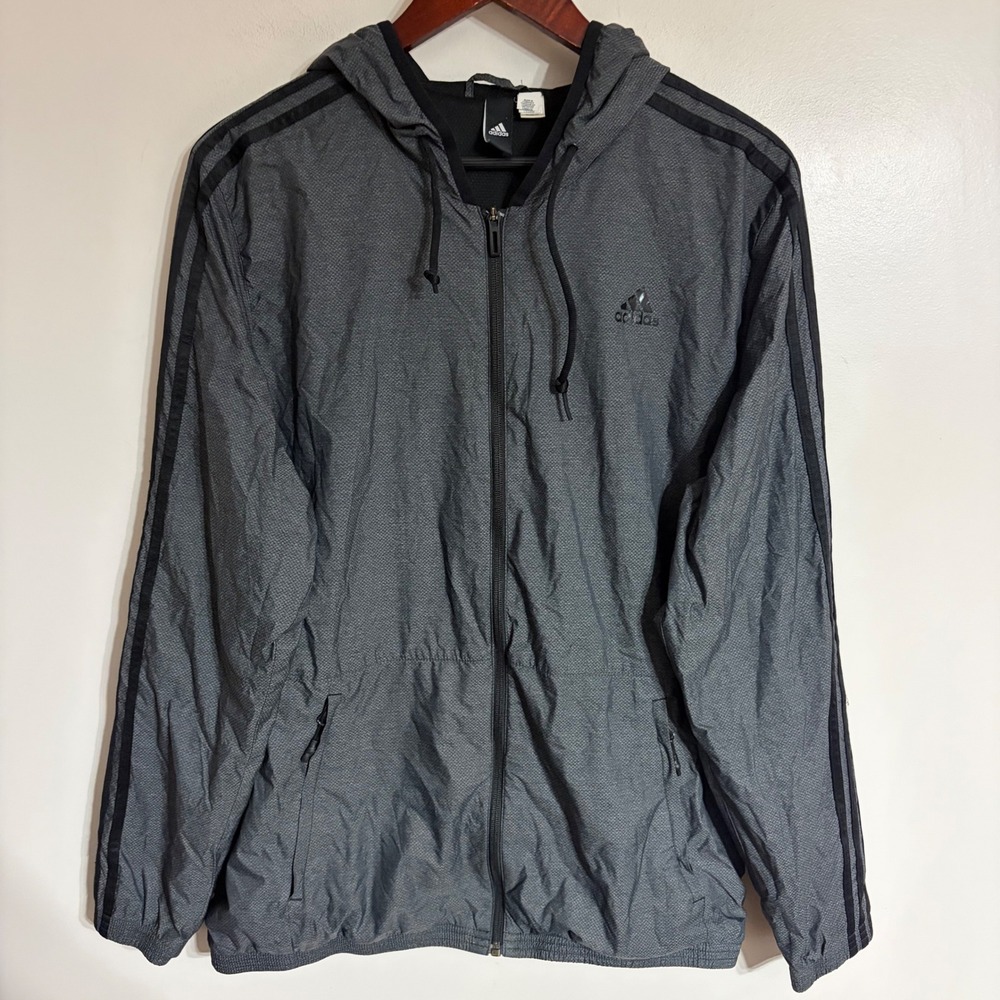 Adidas Mens Grey Three Stripe Full Zip Hooded Windbreaker Jacket Large RN 88387